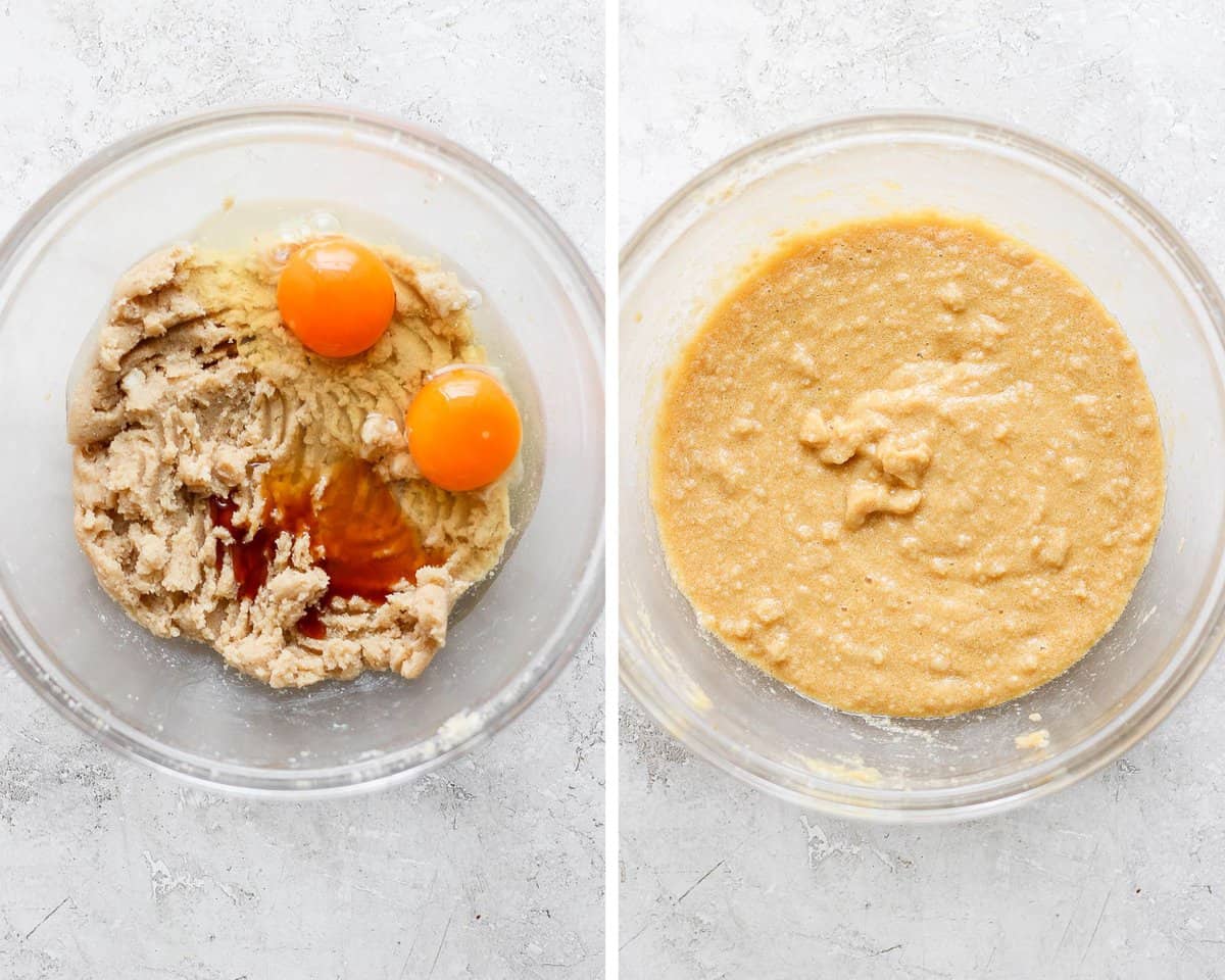 Two images showing the eggs and vanilla added to the bowl and then mixed together.