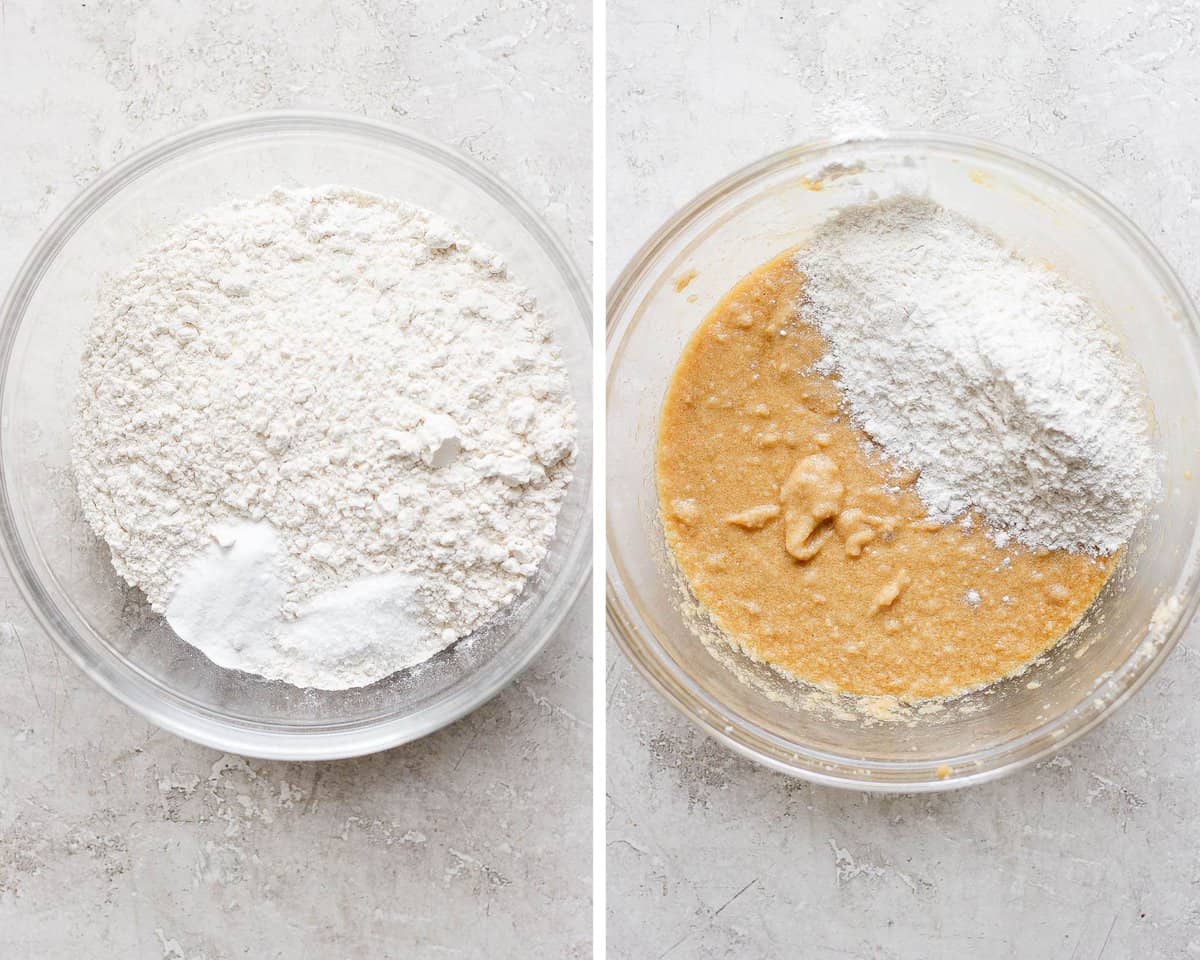 Two images showing the dry ingredients in a bowl and then added to the wet ingredients.