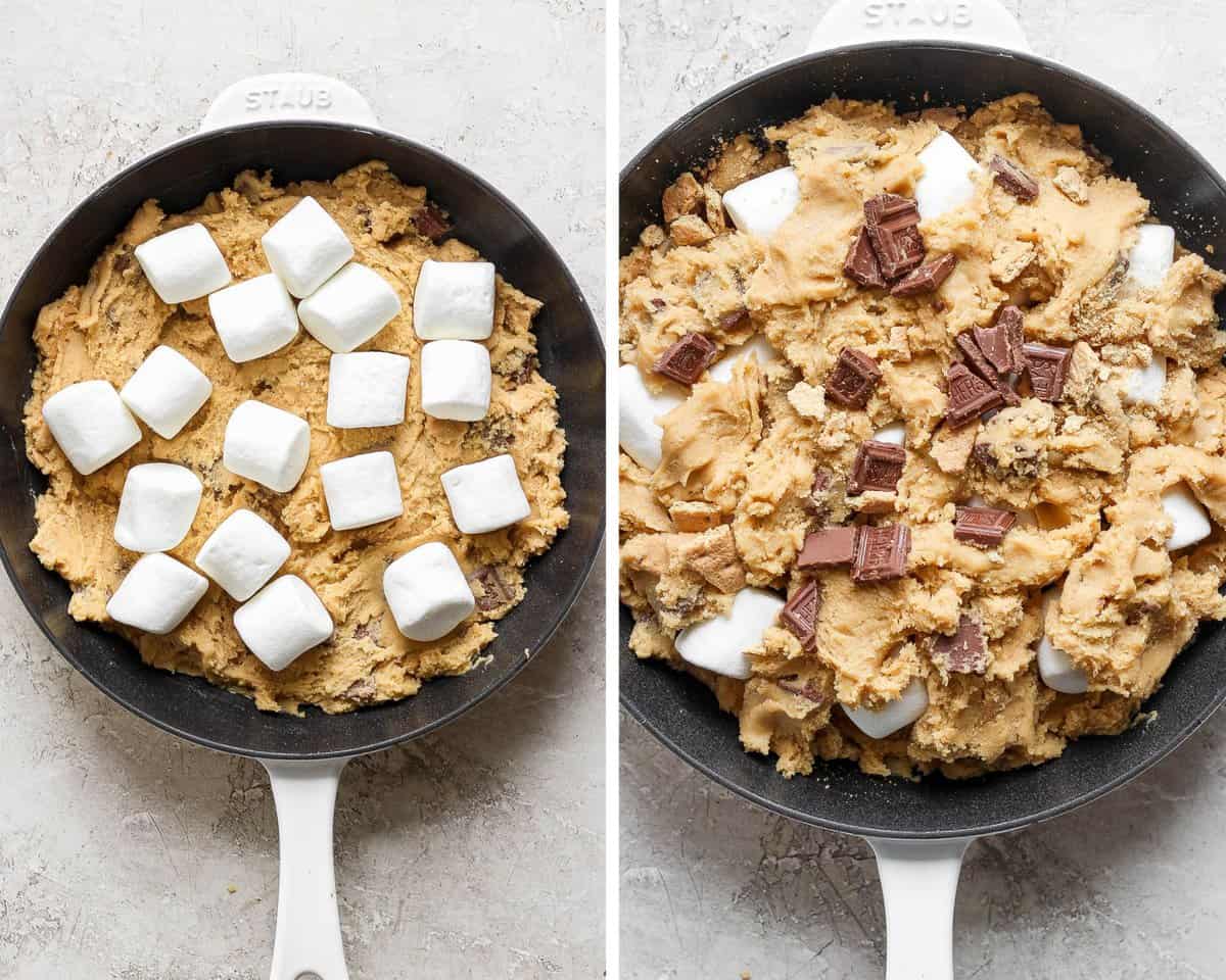 Two images showing the dough in a skillet with marshmallows on top and then the rest of the dough added.
