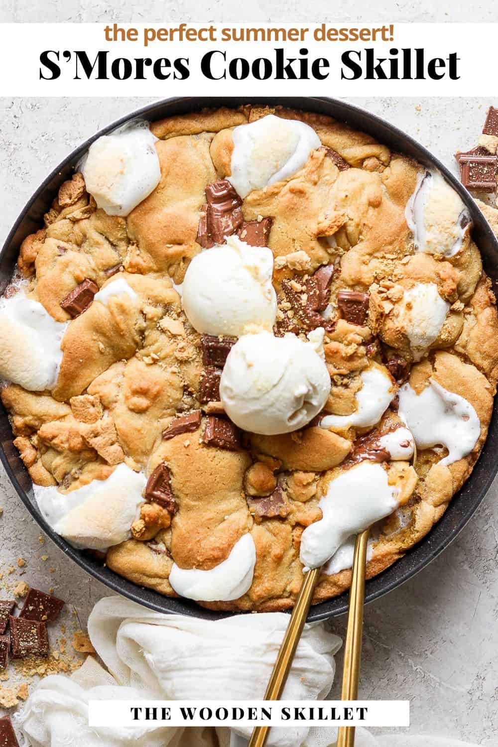 Pinterest image of a s'mores cookie skillet.