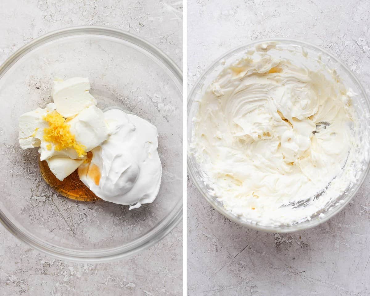 Two images showing the cream cheese mixture before mixing and after.