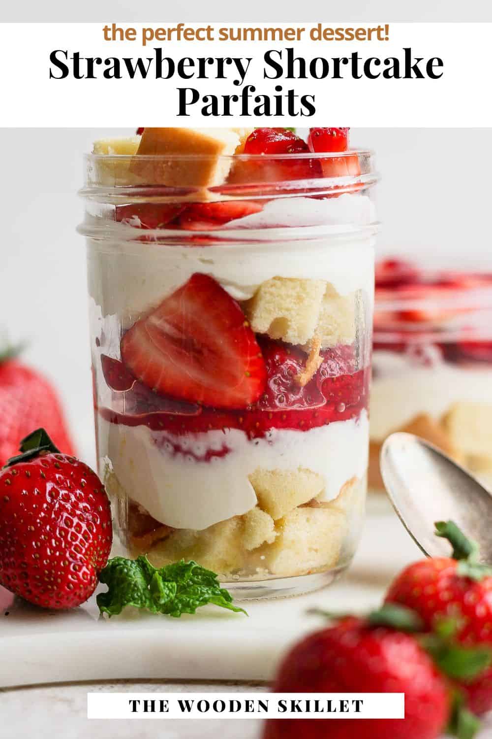 Pinterest image for strawberry shortcake parfaits.