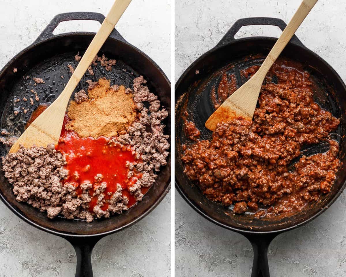 Two images showing the browned ground beef with the seasoning and tomato sauce added and then all mixed together.