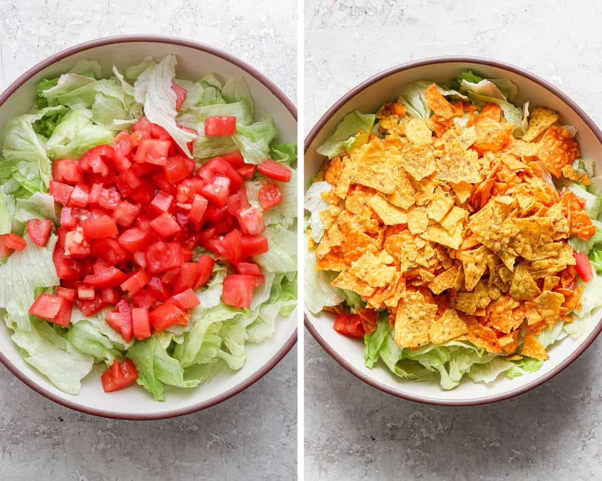 Two images showing the lettuce and tomatoes in a large bowl and then the chips on top.