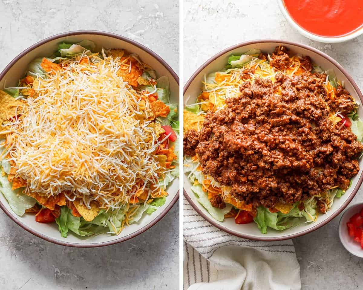 Two images showing the cheese added to the bowl and then the taco meat on top of that.