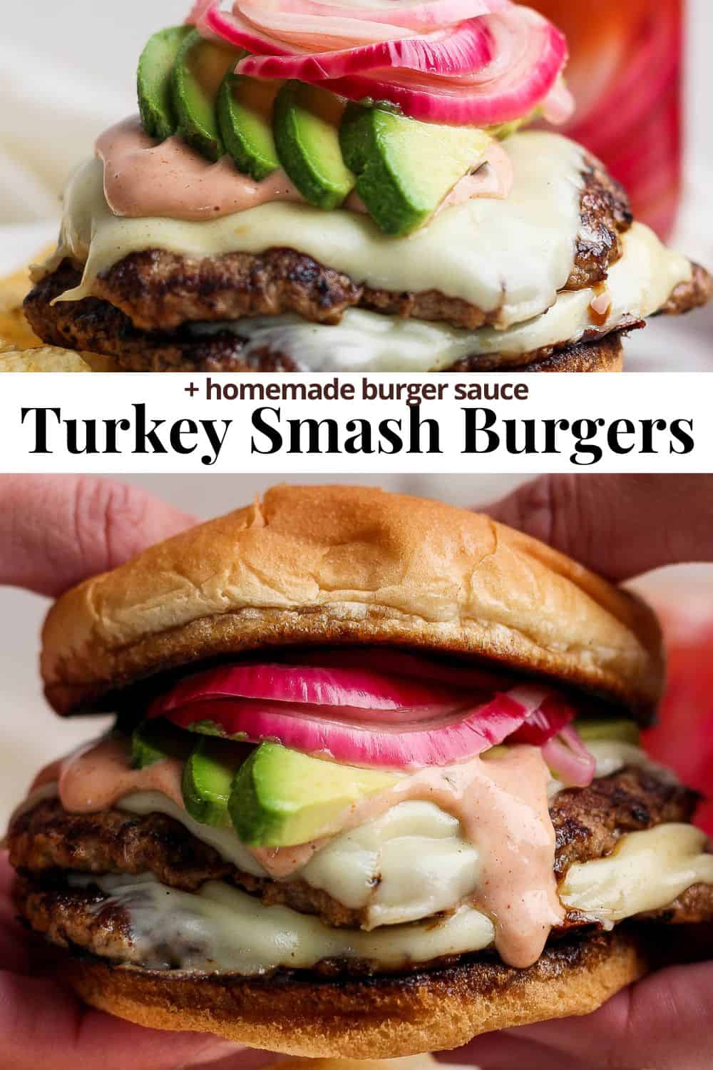 Pinterest image for turkey smash burgers.