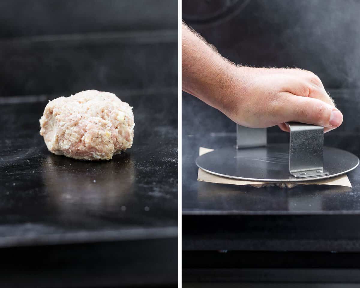 Two images showing a burger ball on the cook top be for smashing and then as the burger press is smashing it.