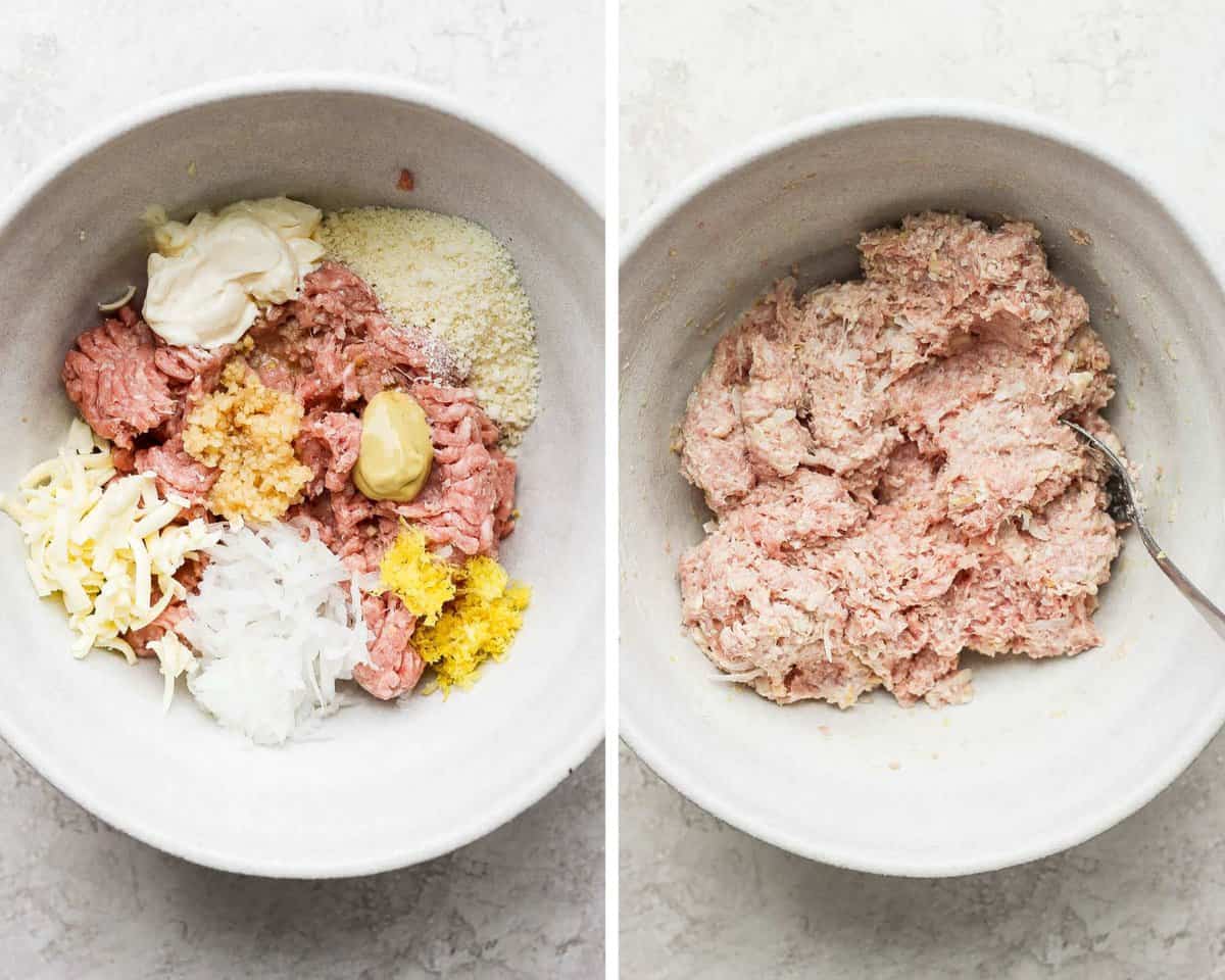 Two images showing the burger ingredients separate in a bowl and then mixed together.