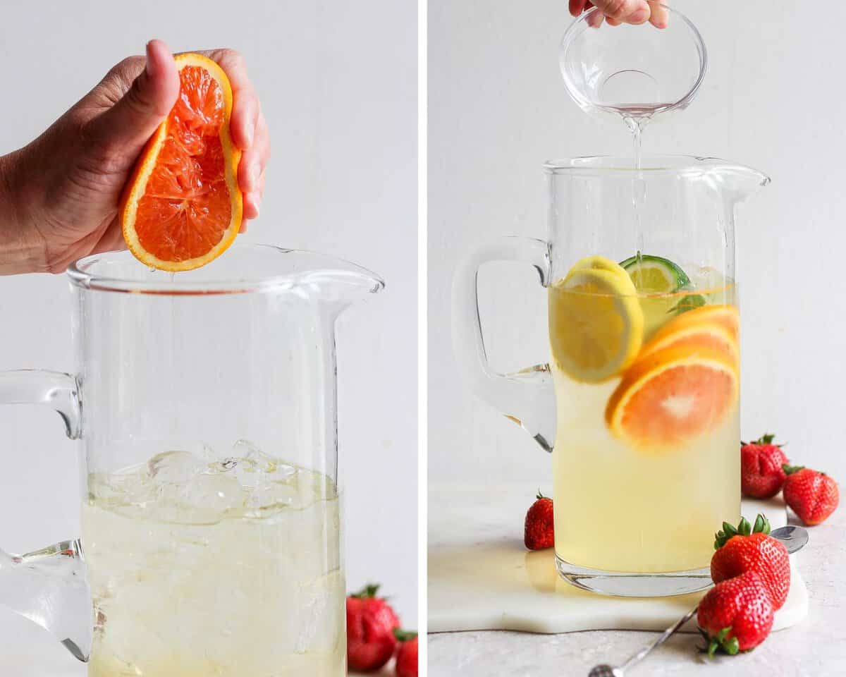 Two images showing fresh orange juice being squeezed into the pitcher an then the simple syrup being added.