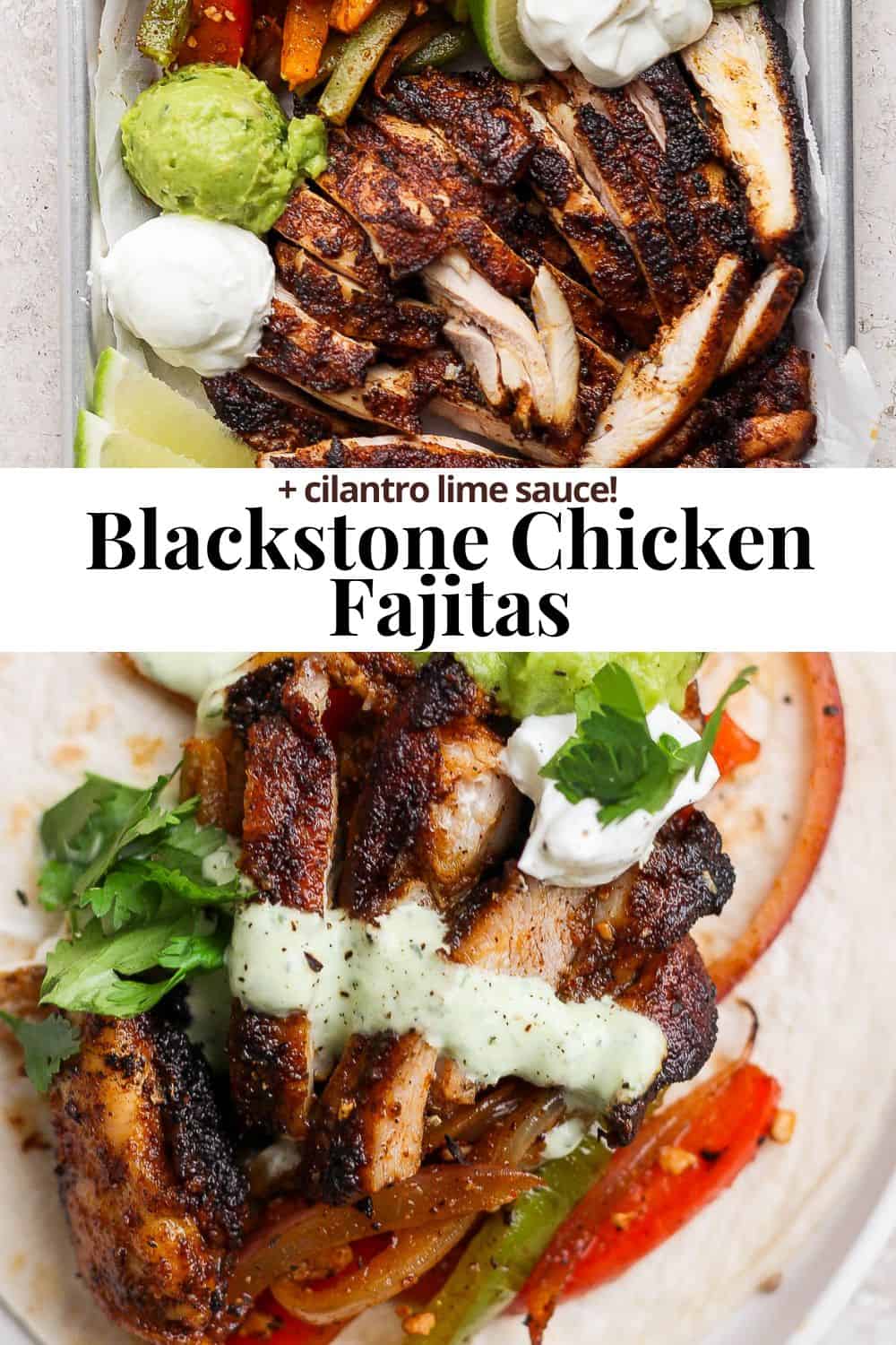 Pinterest image for blackstone chicken fajitas.