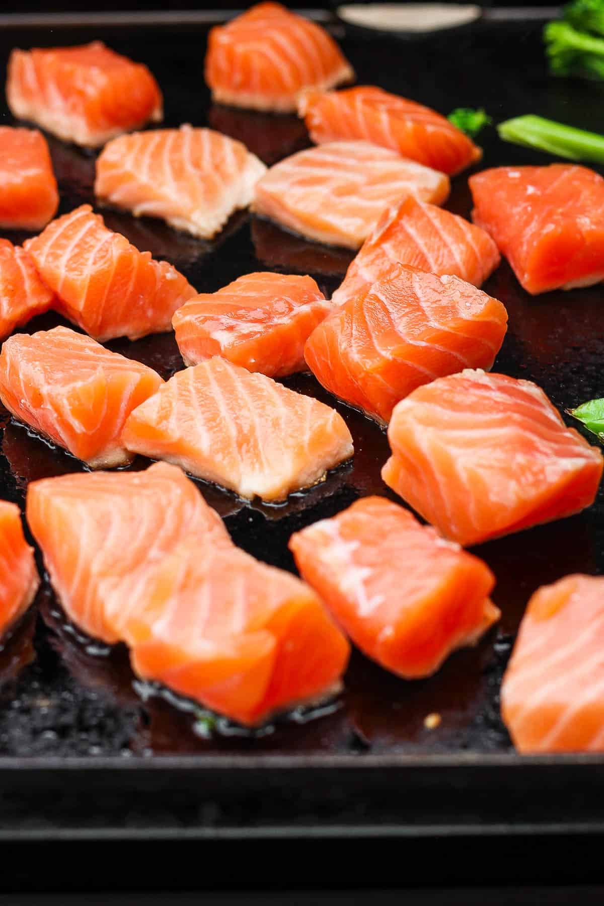 Salmon bites cooking on the blackstone cook top.