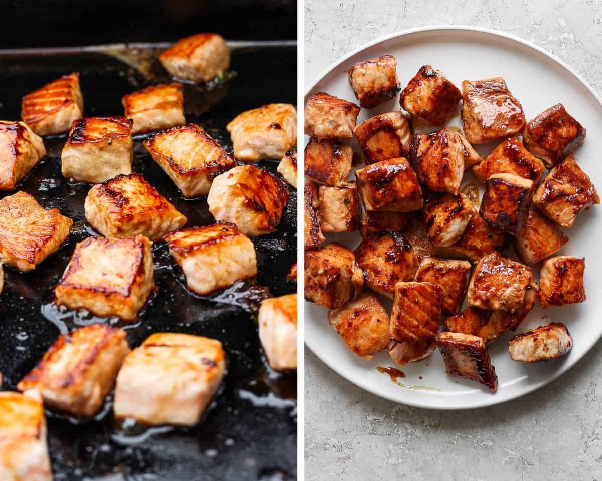 Two images showing the salmon bites cooking on the flat top and then resting on a white plate.