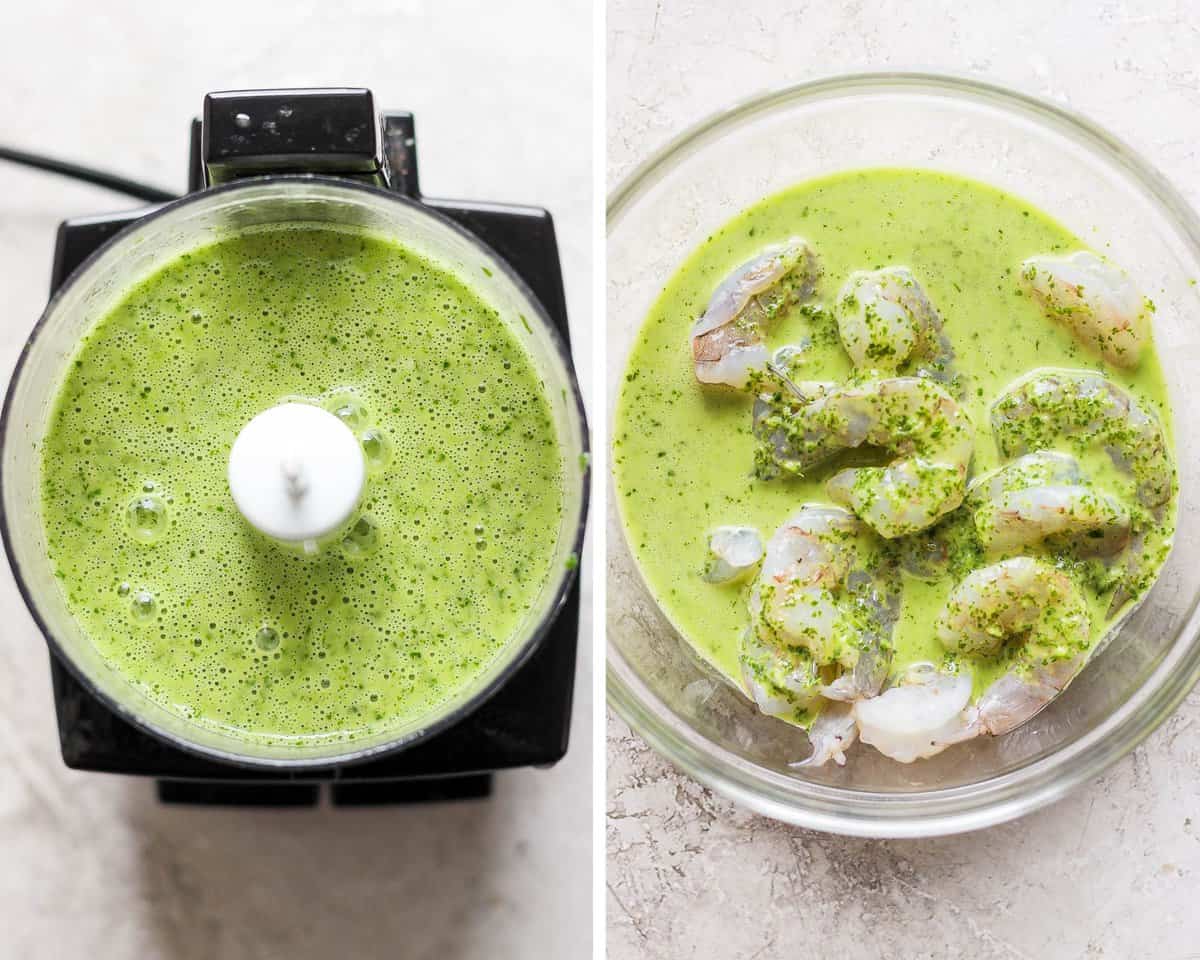 Two images showing the cilantro lime marinade in a food processor and then on top of the shrimp.