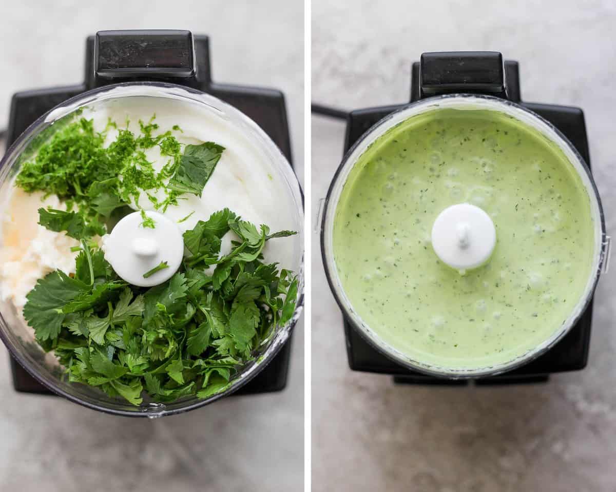 Two images showing the yogurt sauce ingredients before blending and after.