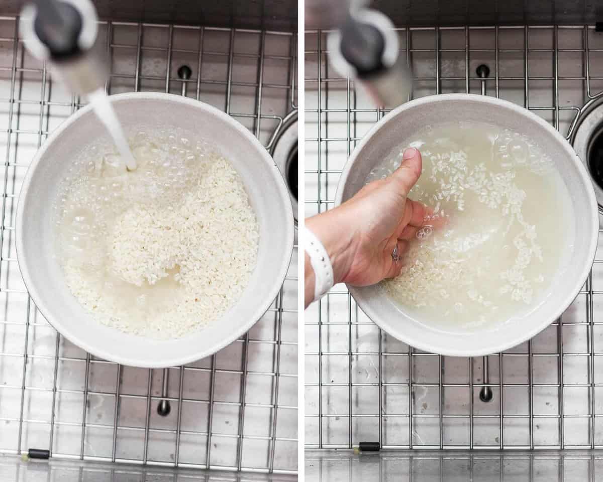 Two images showing water filling the bowl with rice and then a hand moving the rice around in the water.