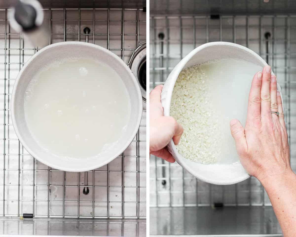 Two images showing the rice in water and the draining the rice with a hand in the sink.