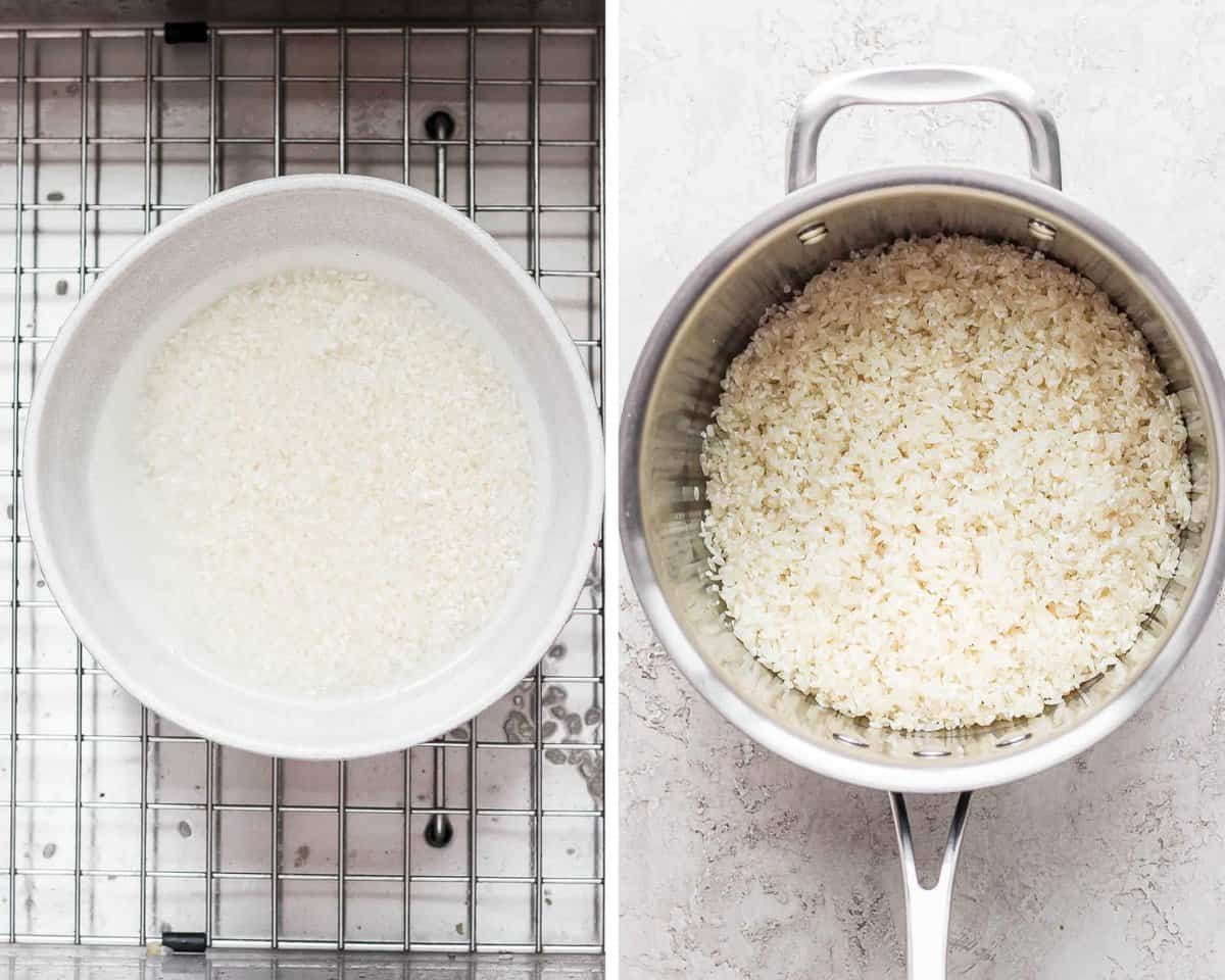 Two images showing the rice in pretty clear water and then in a pot.