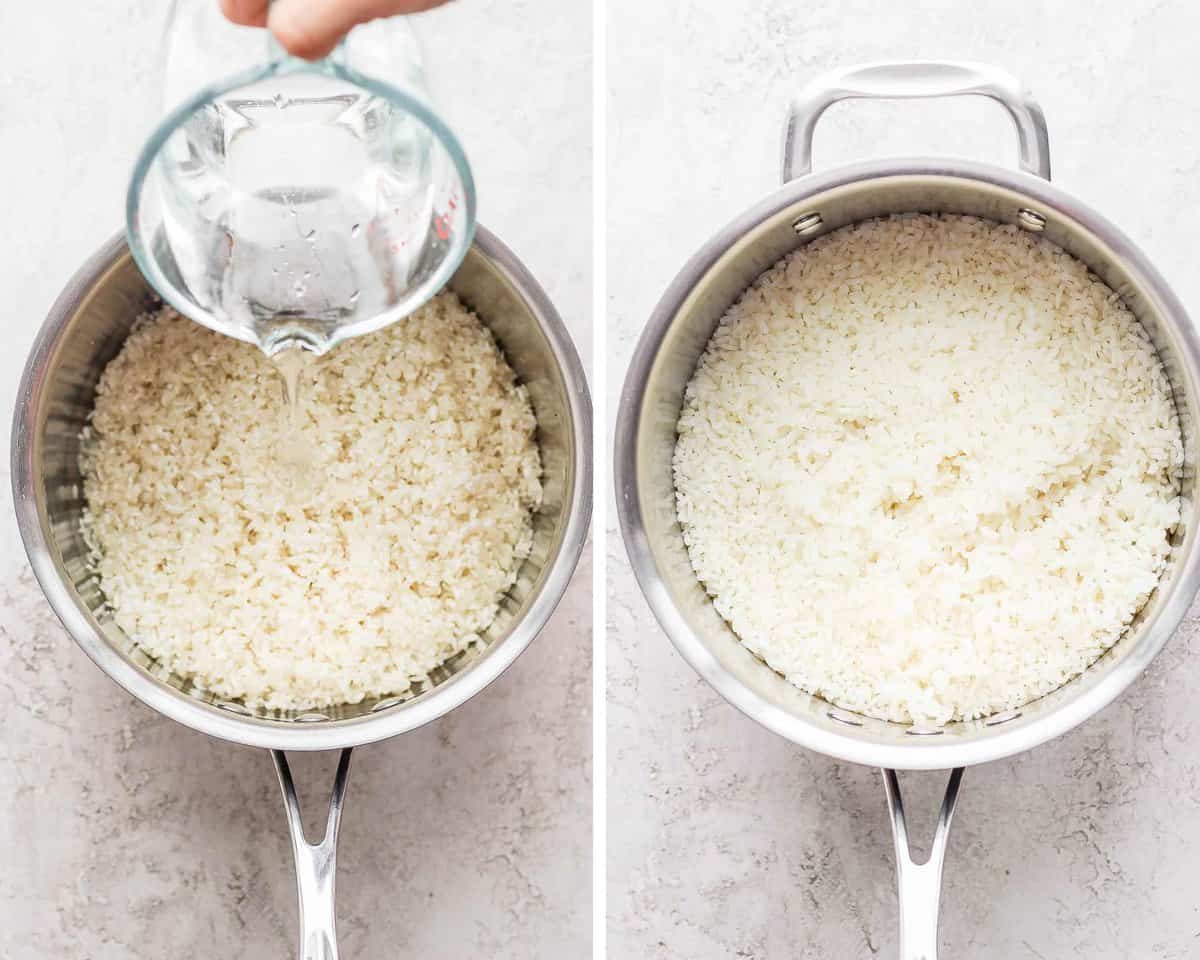 Two images showing water being poured into the pot and then the rice fully cooked in the pot.