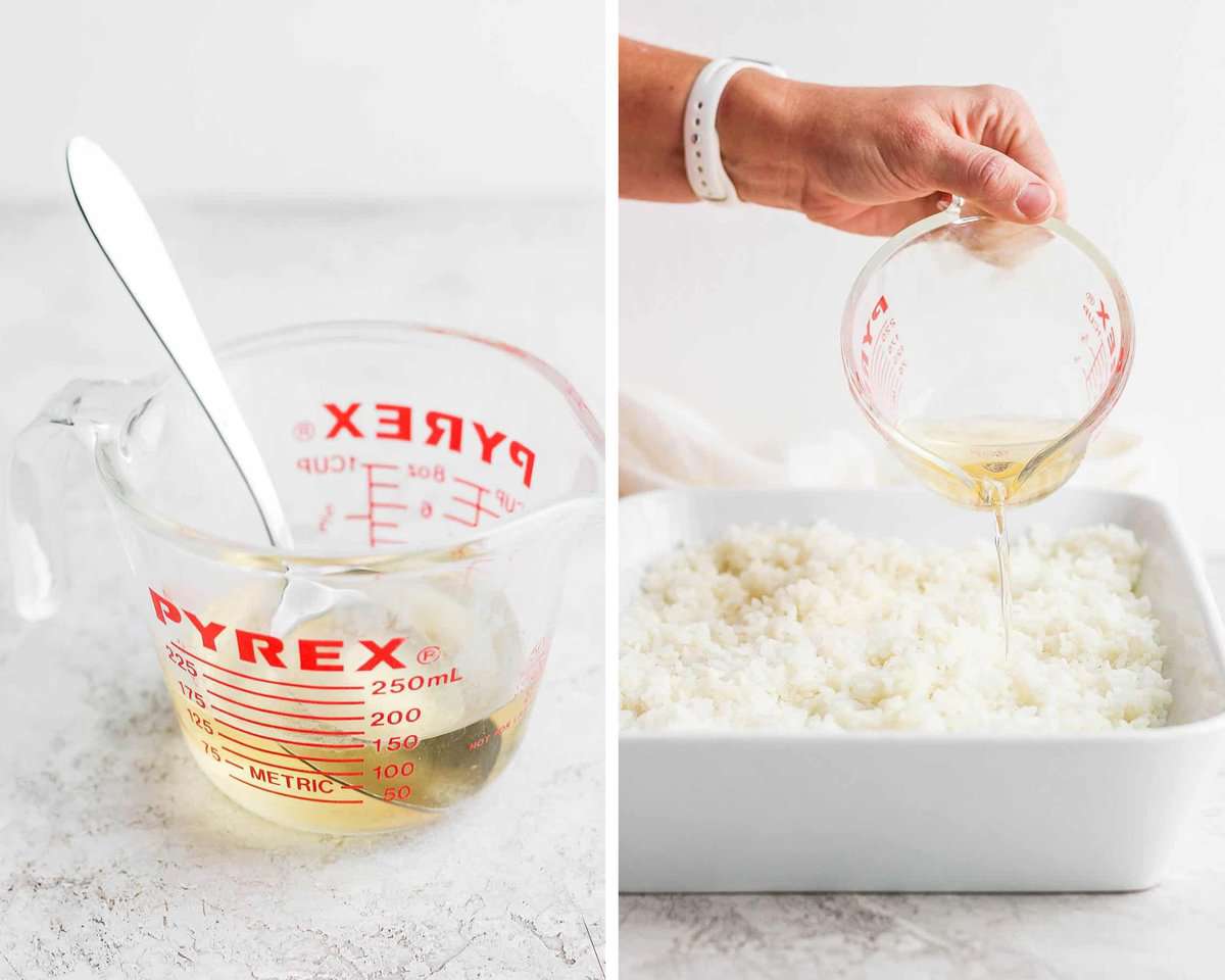 Two images showing the sushi vinegar in a measuring cup and then being poured on the rice in a baking dish.