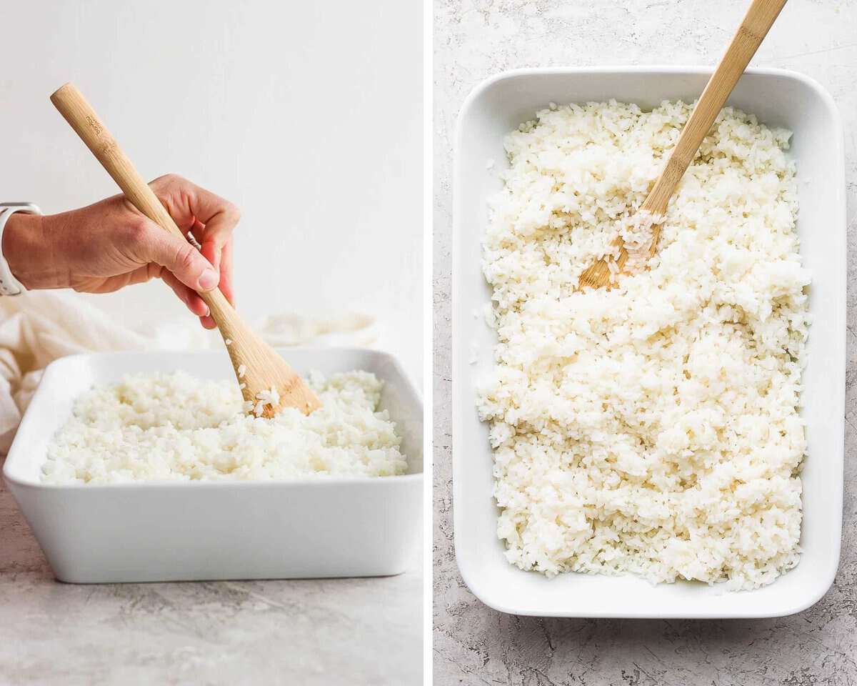Two images showing the rice being mixed with a wooden paddle and then ready to use in a white baking dish.