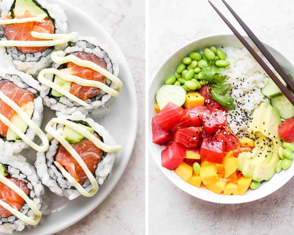 Two images showing a sushi roll on a plate and a poke bowl.