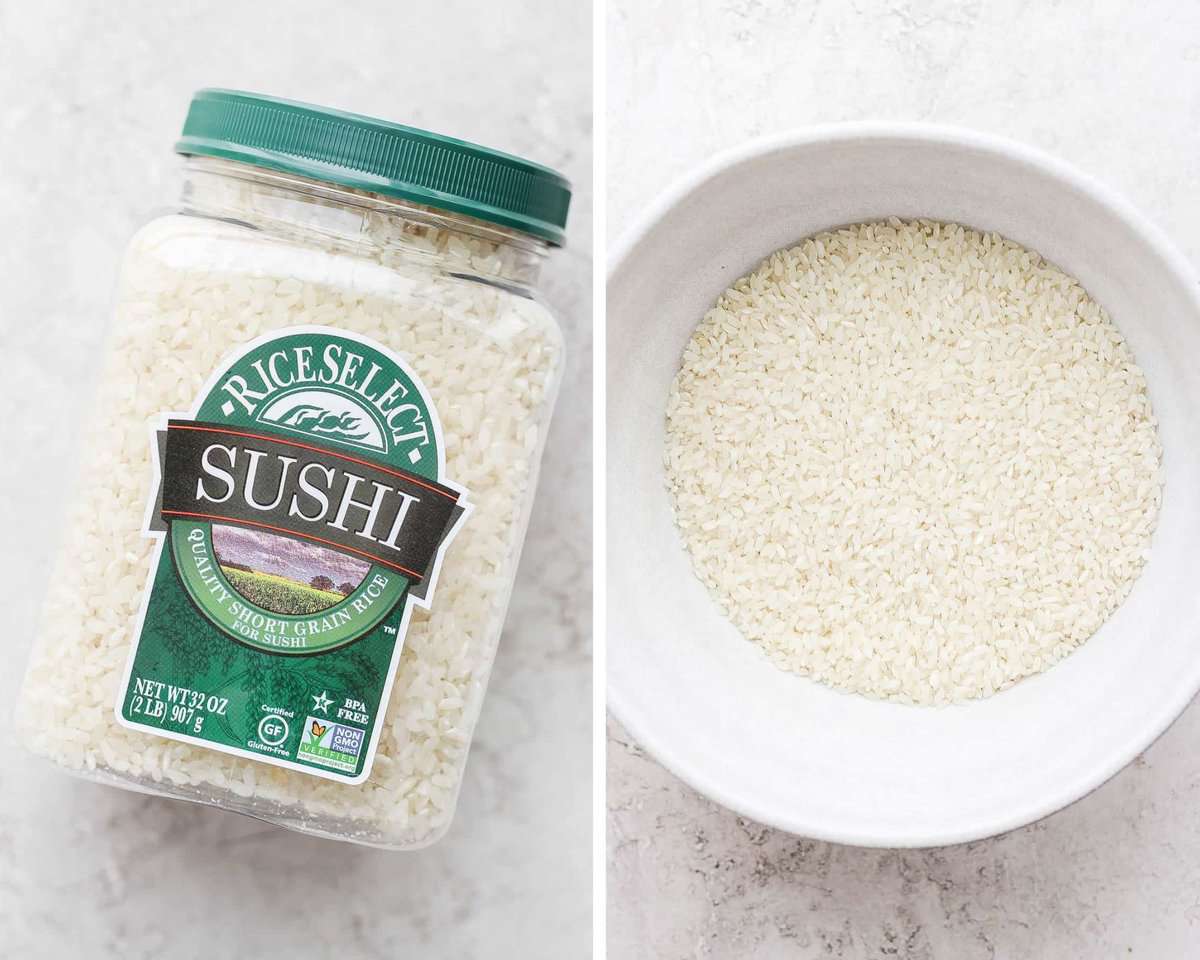 Two images showing a container of sushi rice in the container and in a bowl.