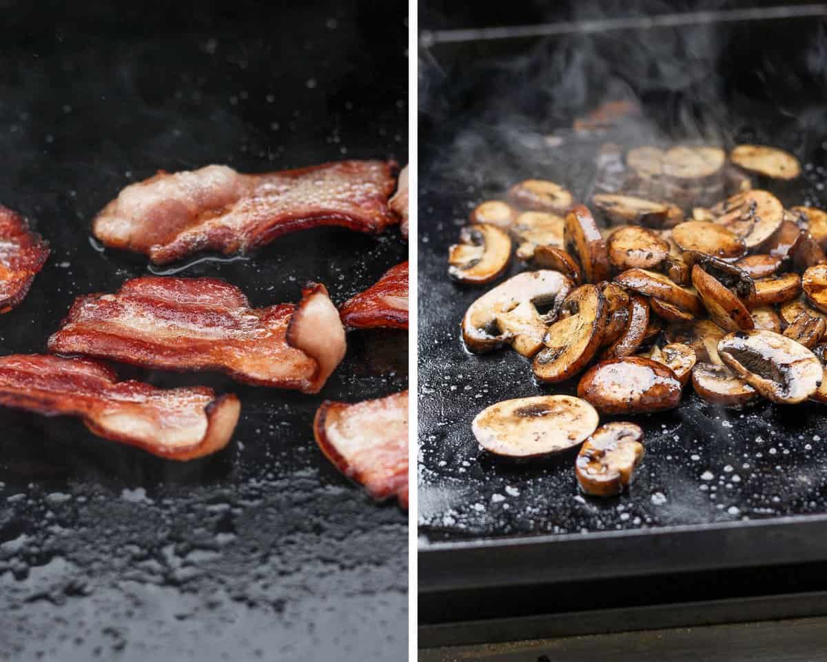 Two images showing the bacon and then the mushrooms cooking on the griddle.