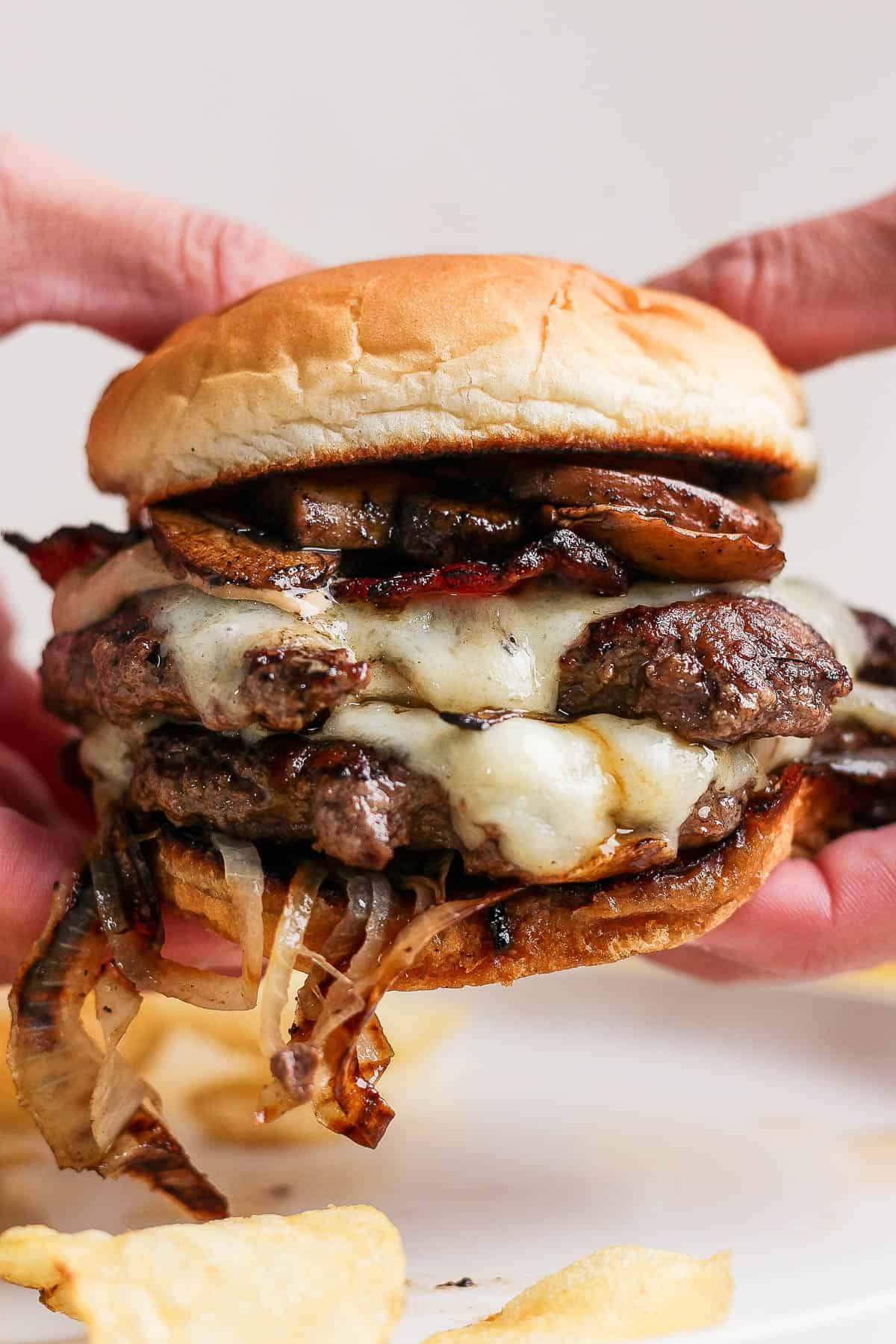 The best recipe for a mushroom swiss burger on the Blackstone.