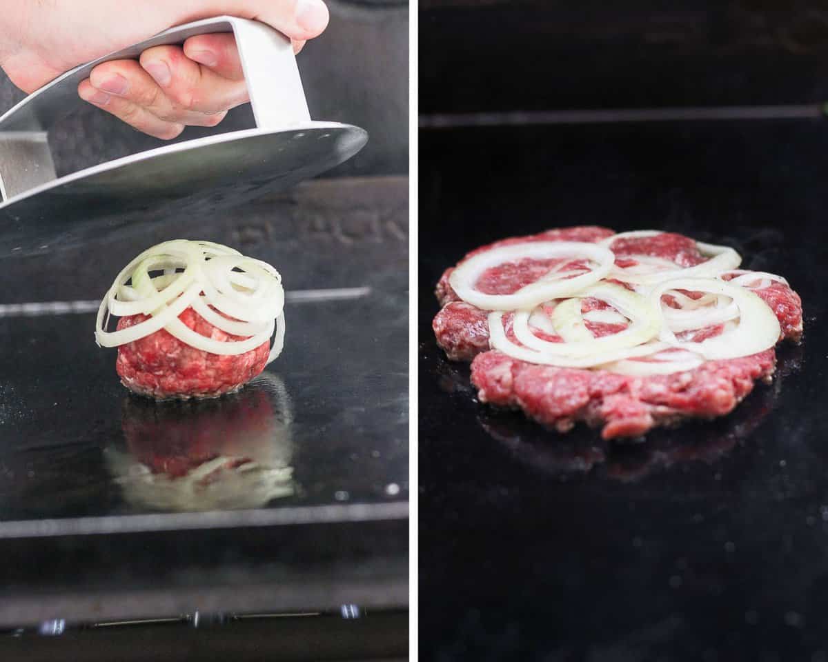 Two images showing the burger ball before being smashed and then after.