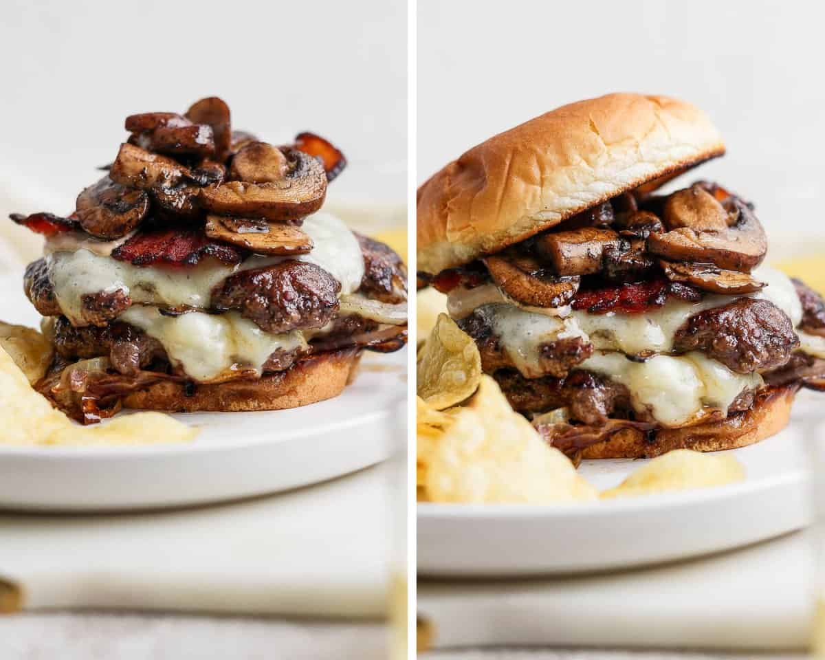 Two images showing the assembled burger on a plate without the top bun and then with the top bun.