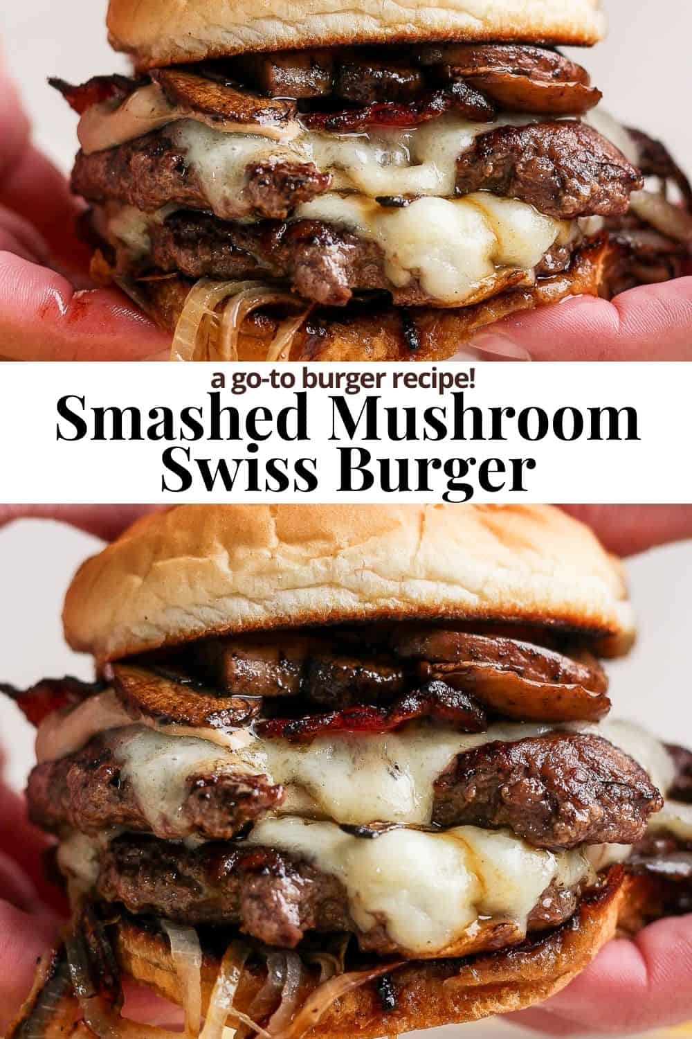 Pinterest image for a smashed mushroom swiss burger.