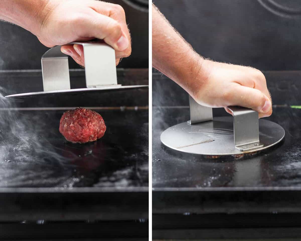 Two images showing a burger ball about to be smashed and then fully smashed on a Blackstone.