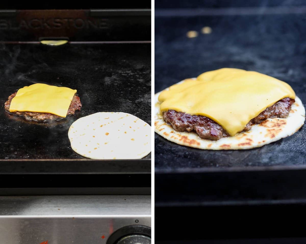 Two images showing a smashed burger patty with cheese on top next to a tortilla and then the burger placed on top of the tortilla.