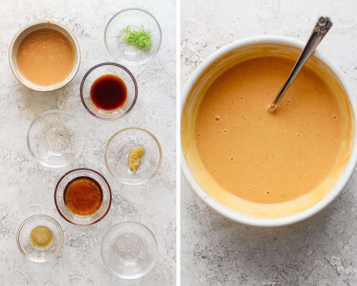 Two images showing the peanut sauce ingredients in bowls and then mixed together in a bowl.