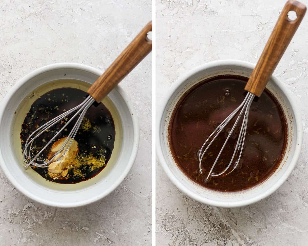 Two images showing the marinade in a bowl before mixing and after.