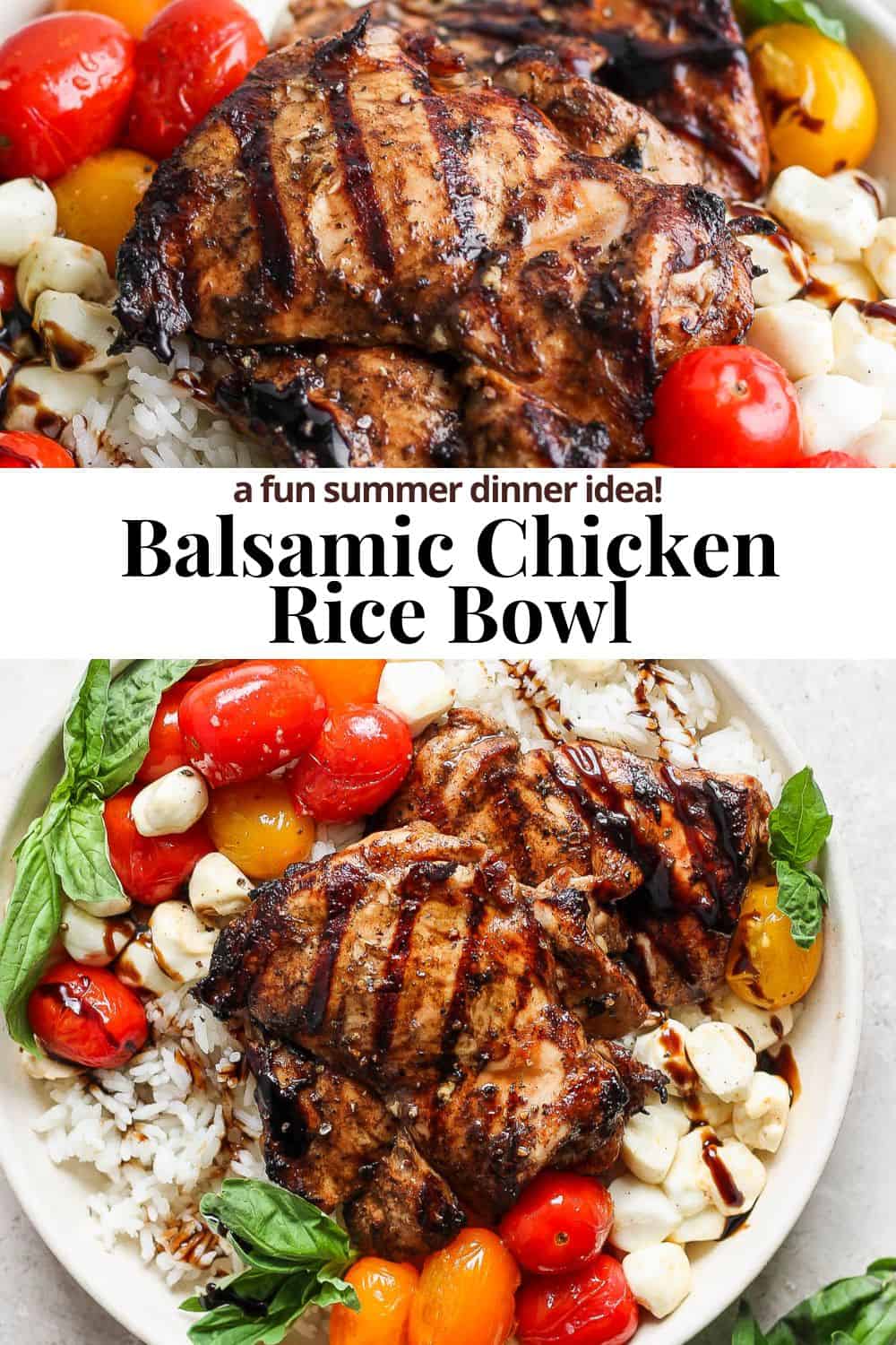 Pinterest image for a balsamic chicken rice bowl.