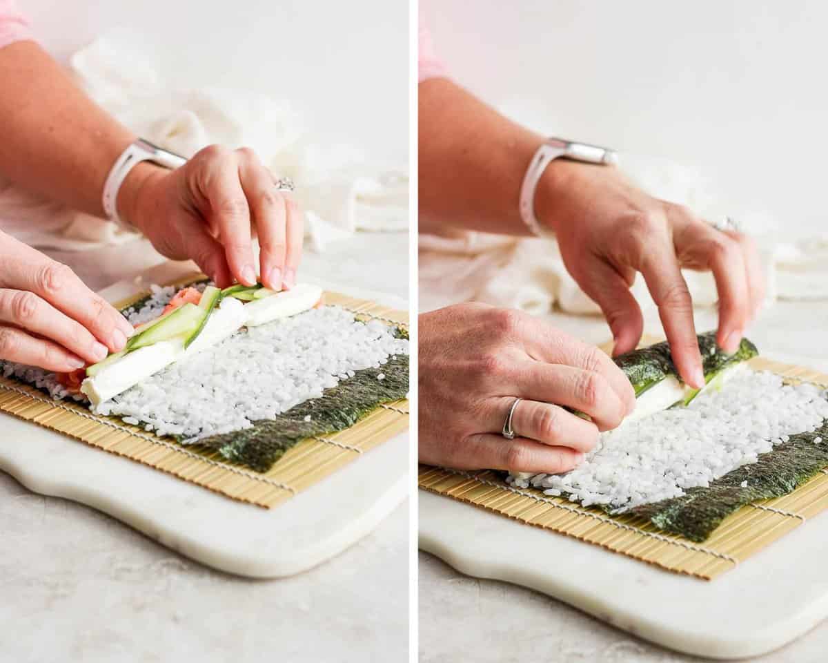 Two images showing hands starting to pull the nori sheet over the filling to begin rolling.