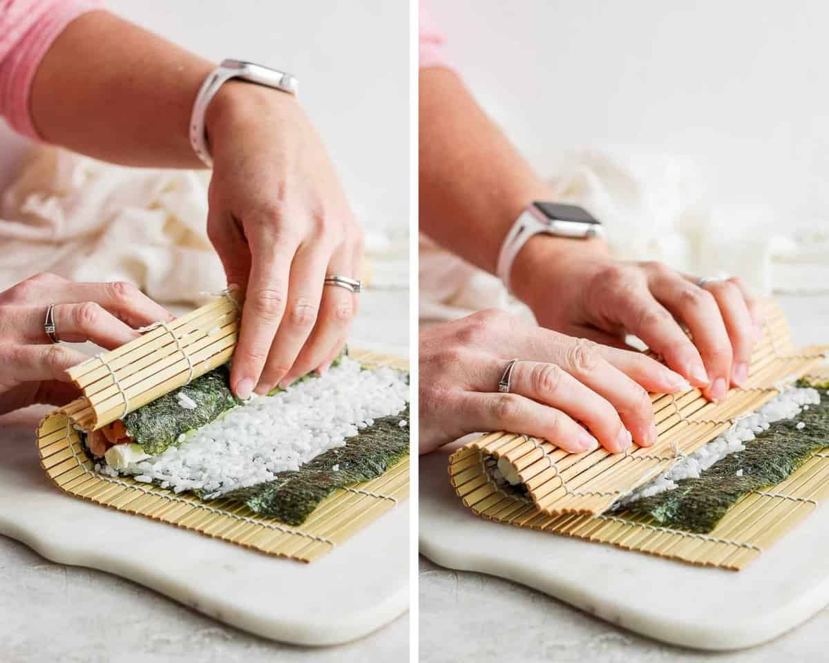 Two images showing two hands using a bamboo sheet to begin rolling a Philadelphia roll.