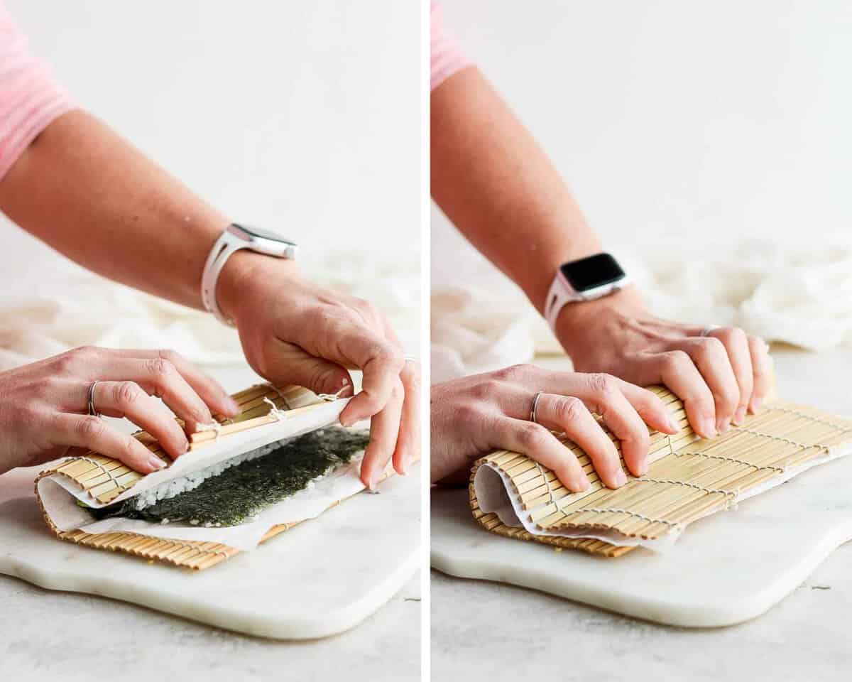 Two images showing the process of pulling the bamboo sheet out and tucking the roll nice and tight as you roll it all together.