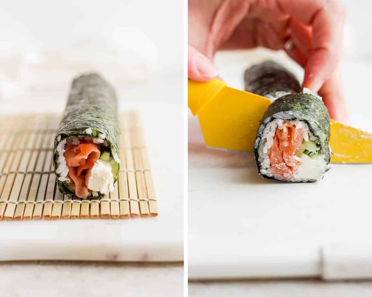 Two images showing the final Philadelphia sushi roll and then it being cut into 1 inch pieces.