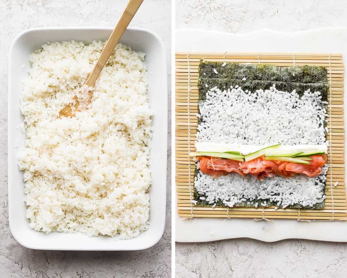 Two images showing the cooked sushi rice and then it spread on a nori sheet with the filling ingredients added.