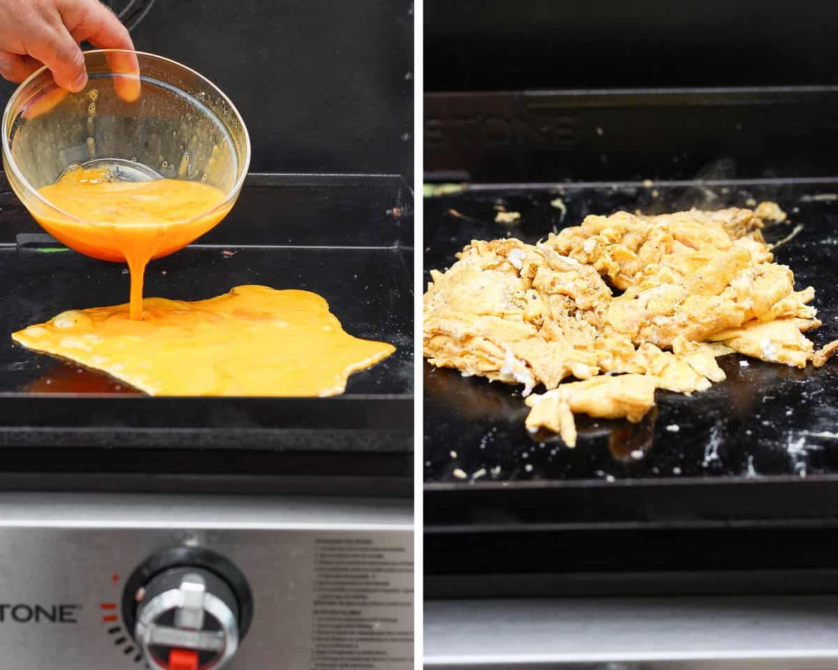 Two images showing the whisked eggs being added to the grill and then when they are fully cooked.