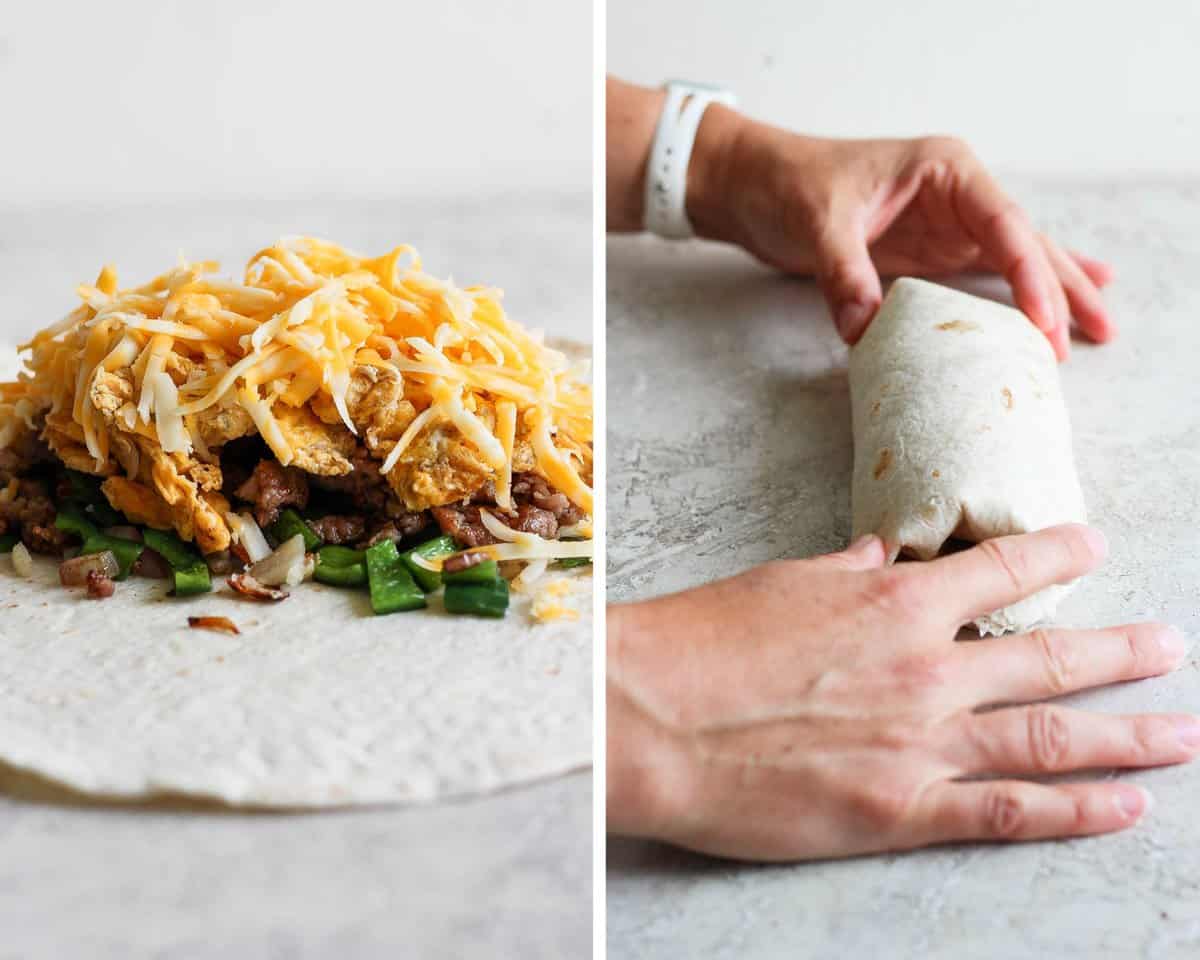 Two images showing the inside of a burrito and then after it is fully wrapped.