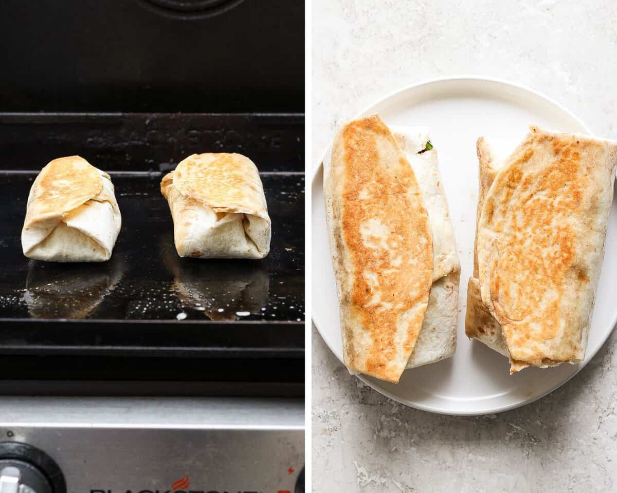 Two images showing the wrapped tortillas back on the cook top and then on a plate after being toasted.