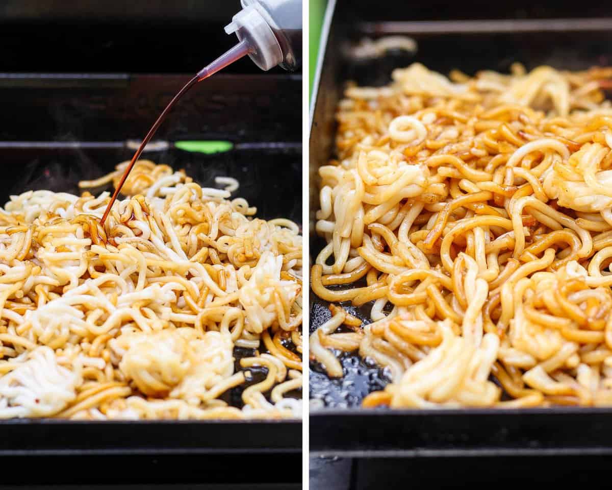 Two images showing the noodles cooking on the griddle and soy sauce being added on top.