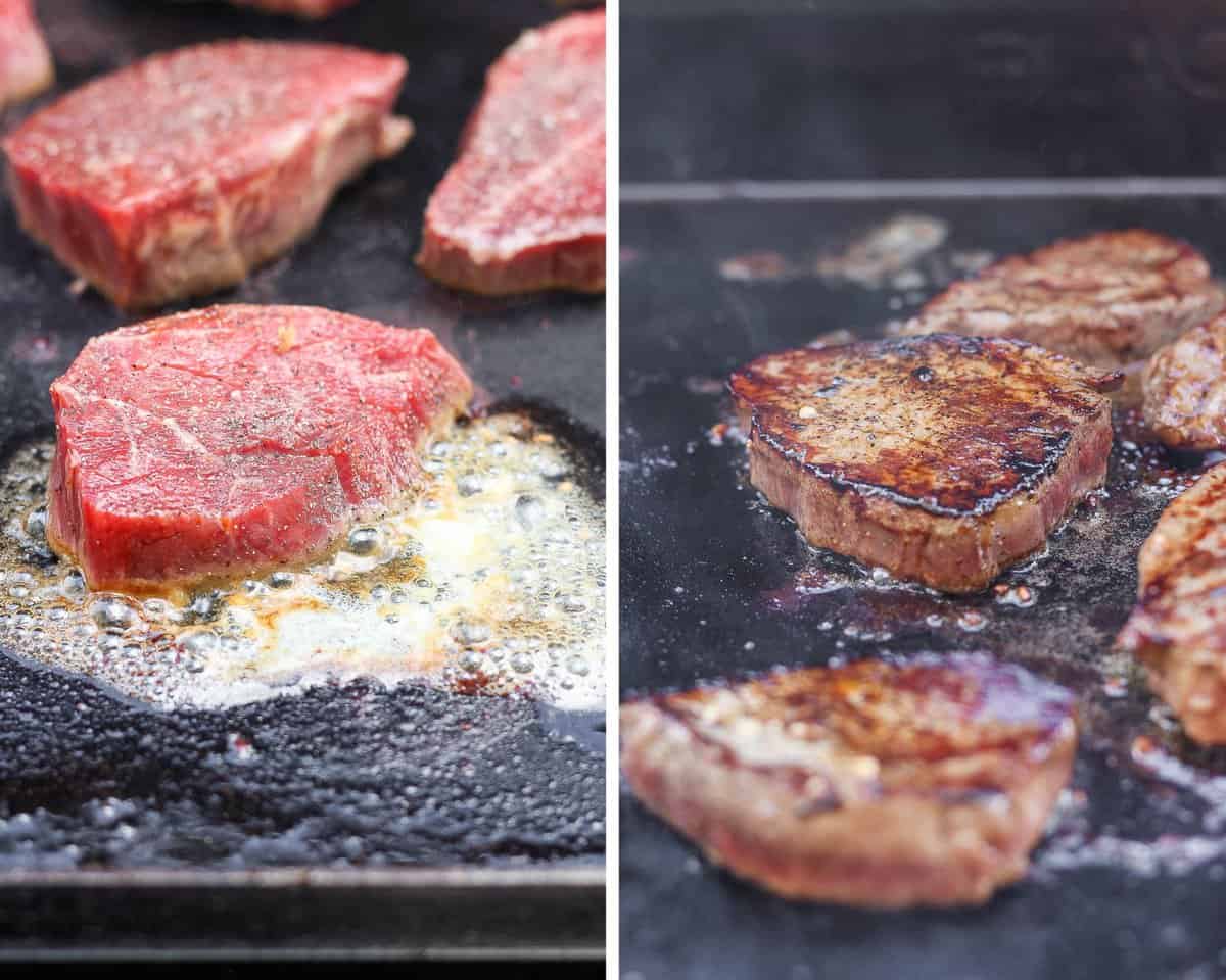 Two images showing the steaks placed on the griddle and then after flipping.