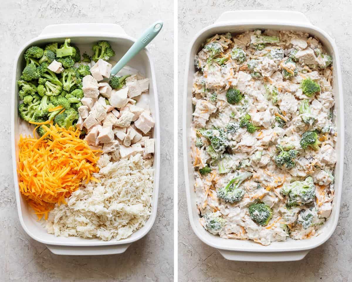 Broccoli, cubed chicken, shredded cheese and rice on top of the mushroom mixture in the casserole dish.  Then everything mixed together in the casserole dish.