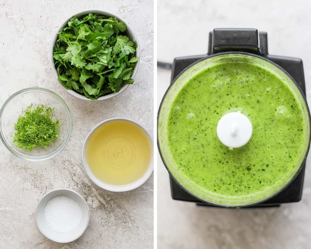 Two images showing the ingredients for the marinade in separate bowls and then blended in a food processor.