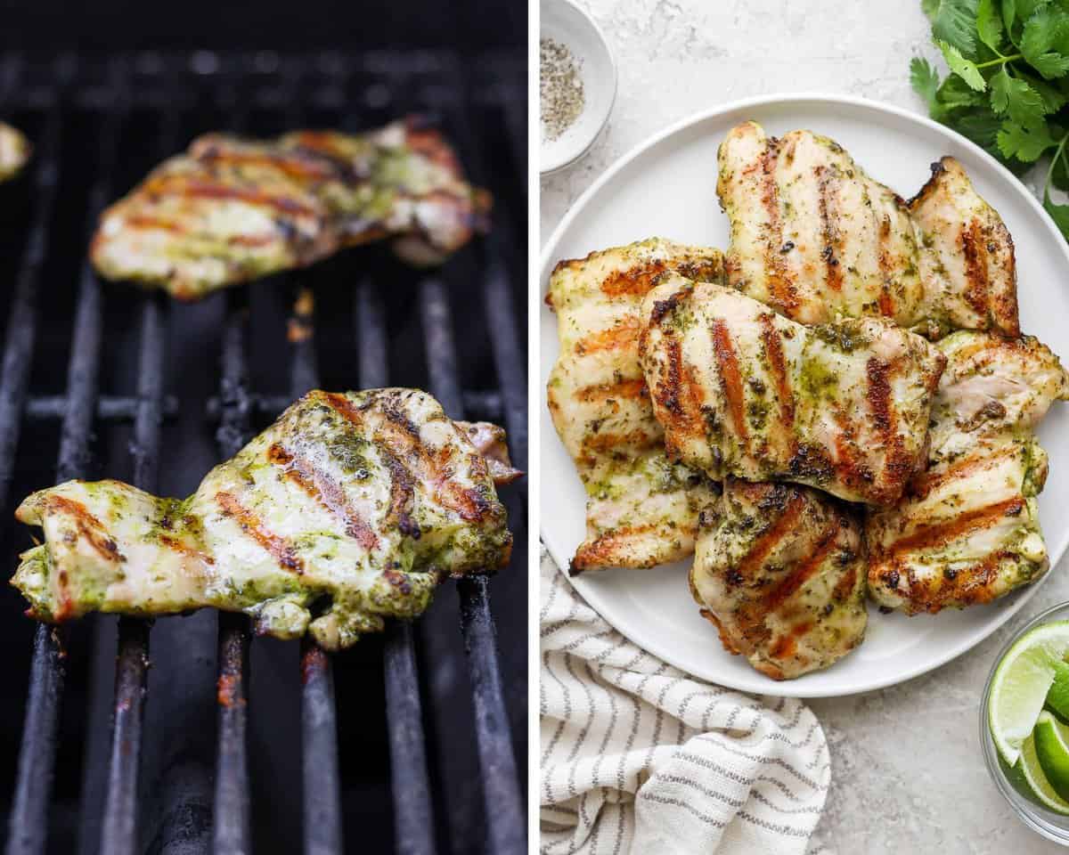 Two images showing the chicken thighs on the grill and then fully cooked on a white plate.