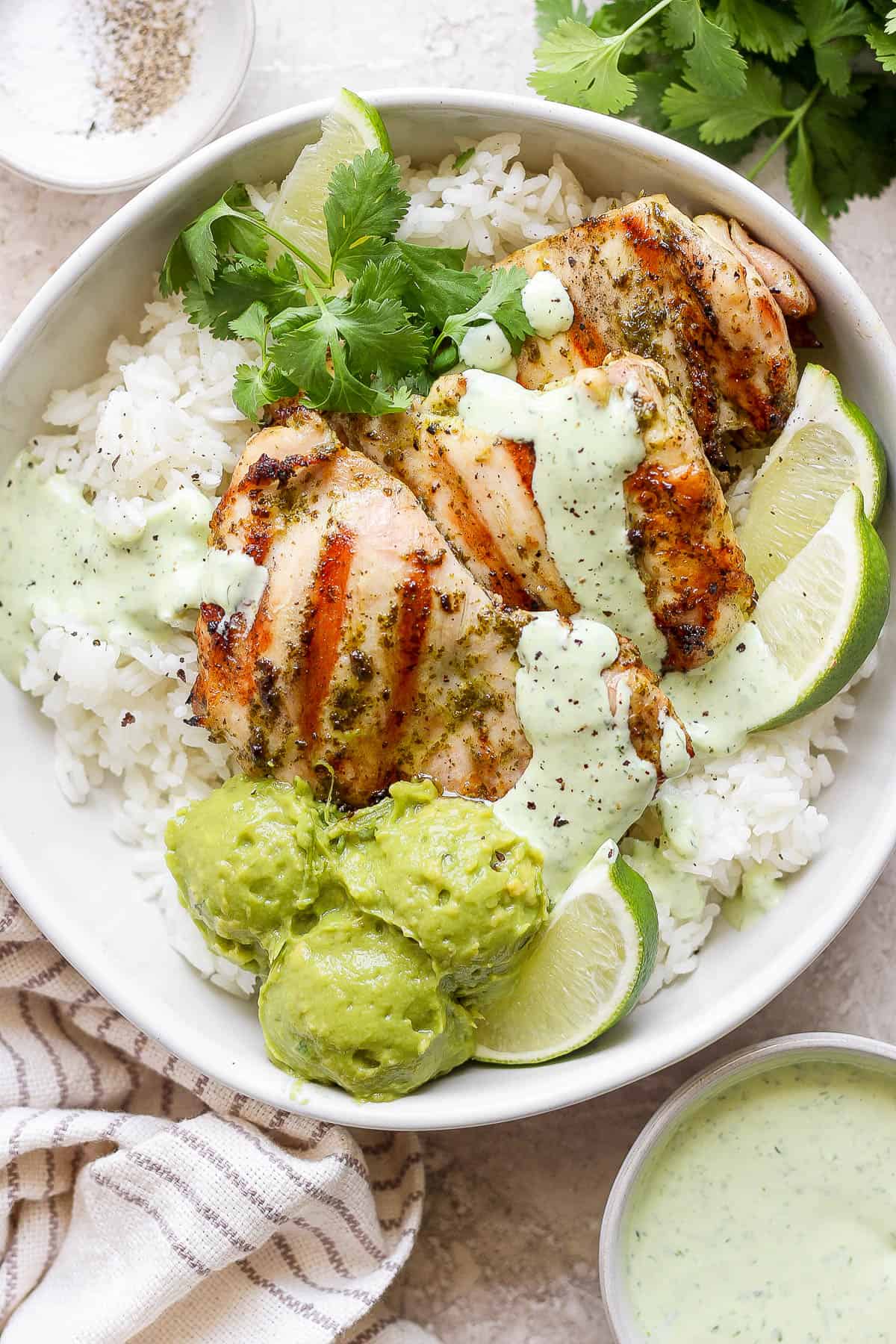 The best recipe for cilantro lime chicken rice bowls.